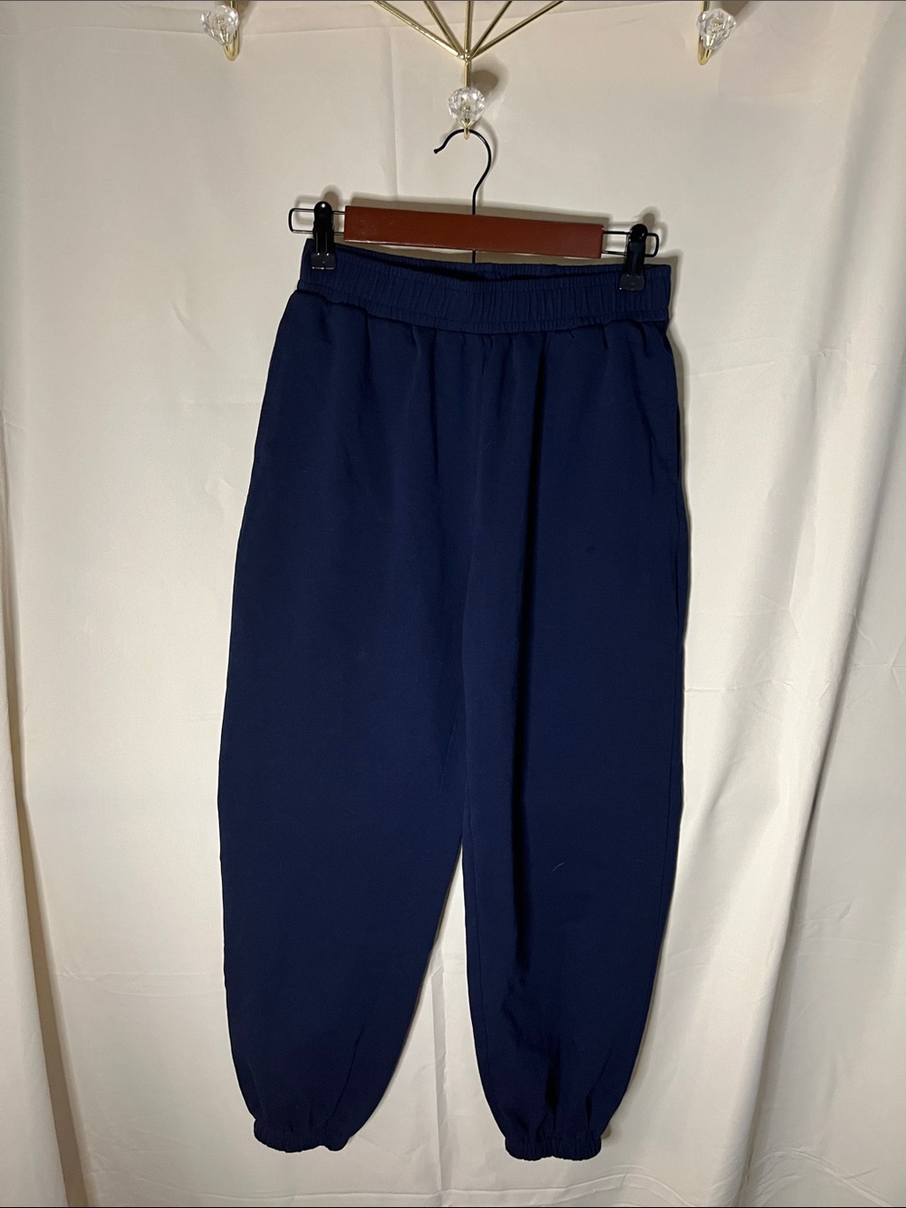 Navy Drawstring Elastic Waist Pants with Logo Tag
